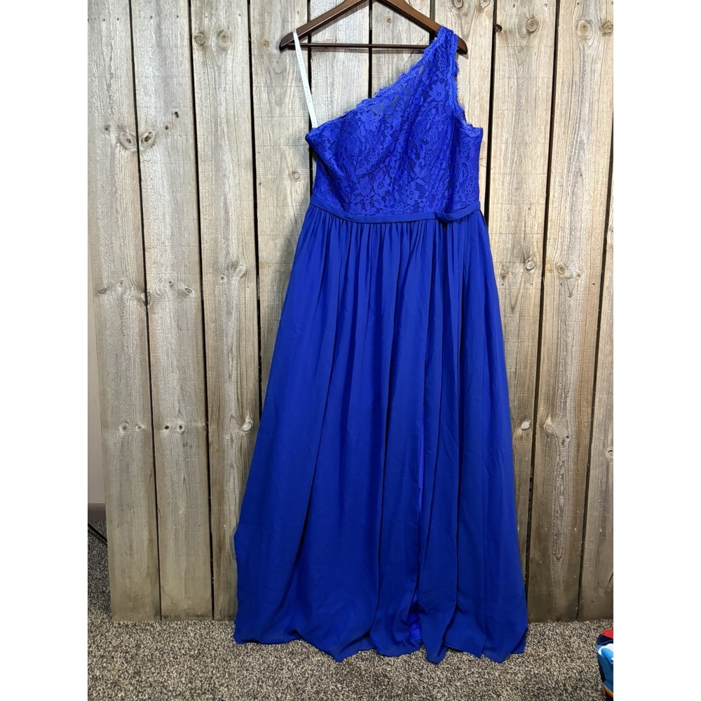 Azazie Demi One Shoulder Lace Chiffon Gown Royal Blue Size A14 NWT